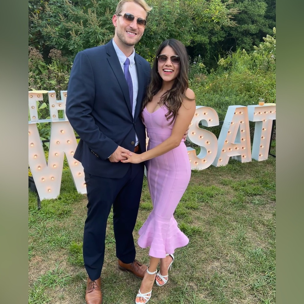 Amazon wedding guest dress. The color is lilac and a combination of pink.